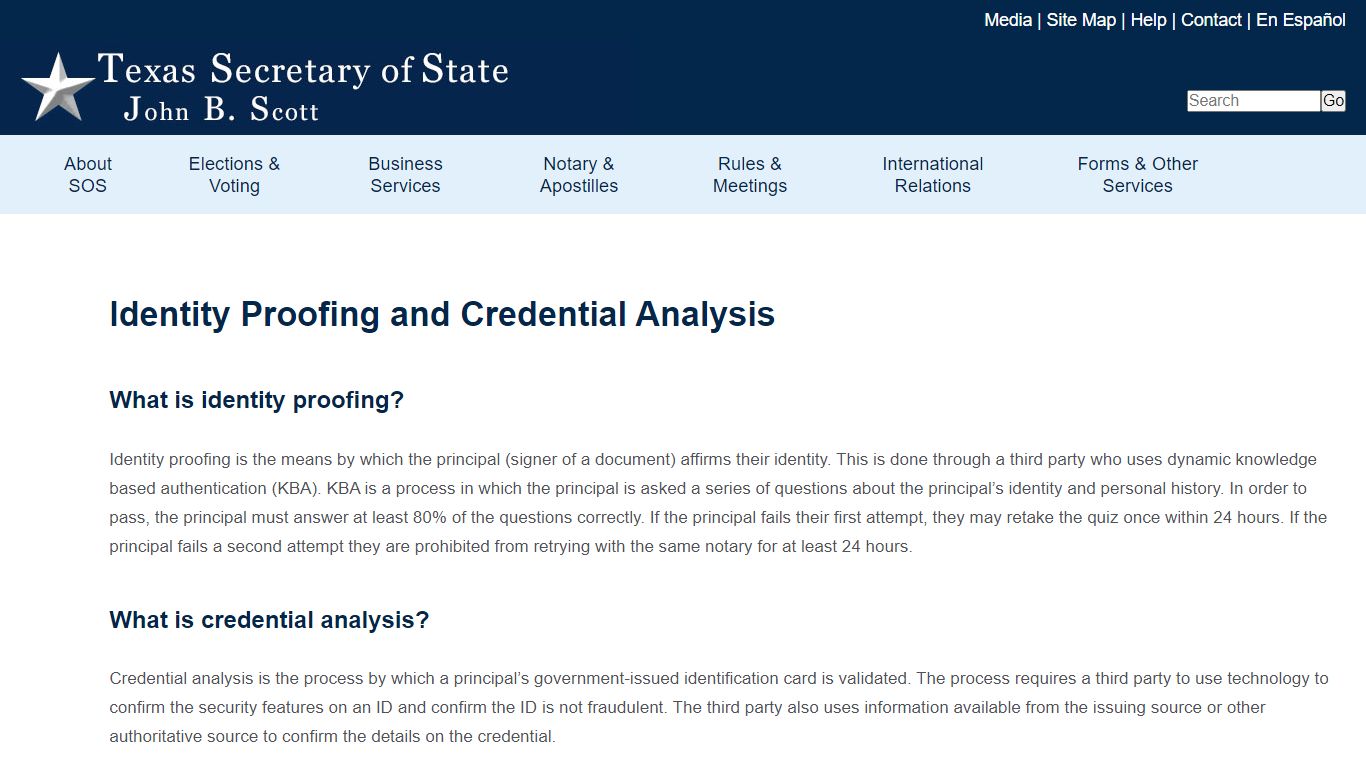 Identity Proofing and Credential Analysis - Secretary of State of Texas